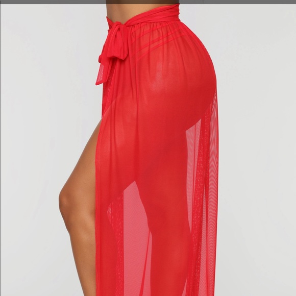 Red Mesh Sheer Wrap Skirt Swim Cover Up - Picture 4 of 6
